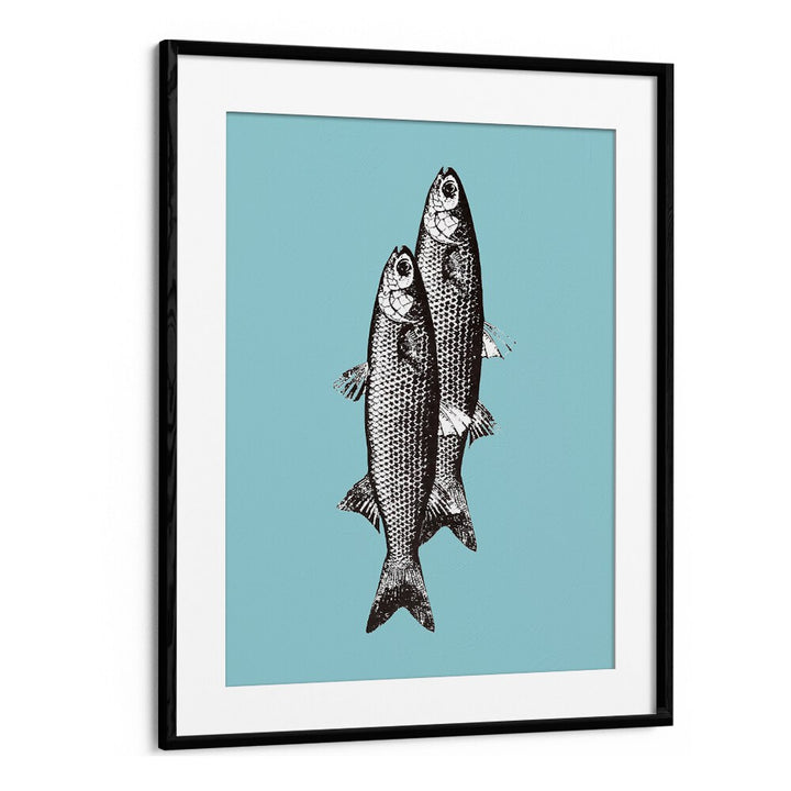 Stylish TWO FISHES, KITCHEN POSTERS featuring a vintage design on a teal background for your culinary space.