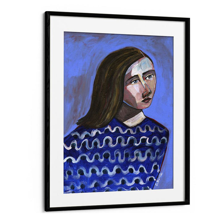 Vintage painting - WOMAN IN BLUE SWEATER NAIVE PORTRAIT FIGURATIVE by Asianmonk