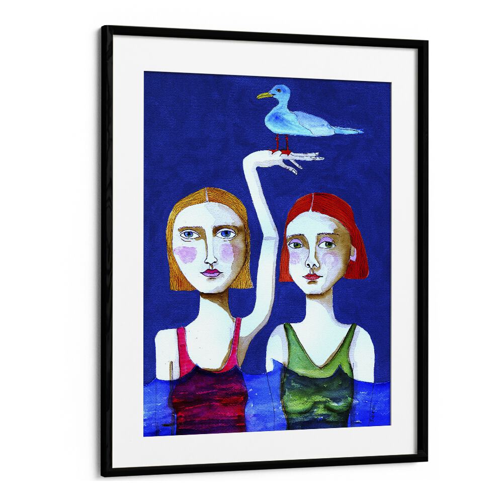 Vintage painting - SWIMMING LADIES WITH BLUE BIRD by Asianmonk