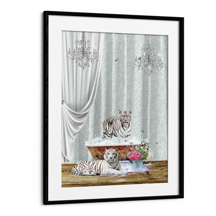 white tigers a bubbles by sue skellern wall art prints in Black Frame With Mount