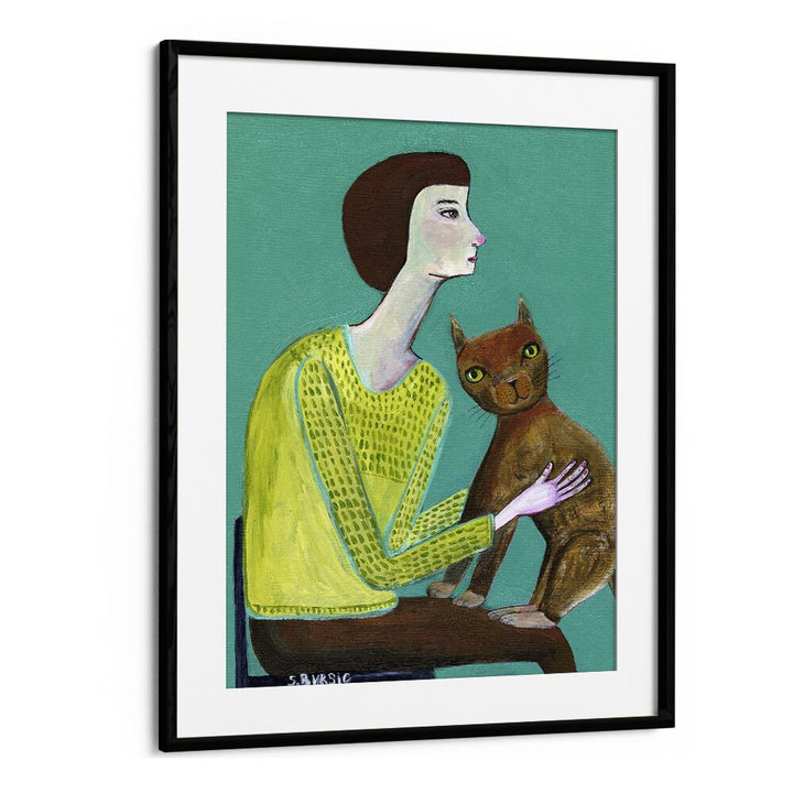 Vintage painting - LADY SITTING WITH BROWN CAT CAT LOVER by Asianmonk