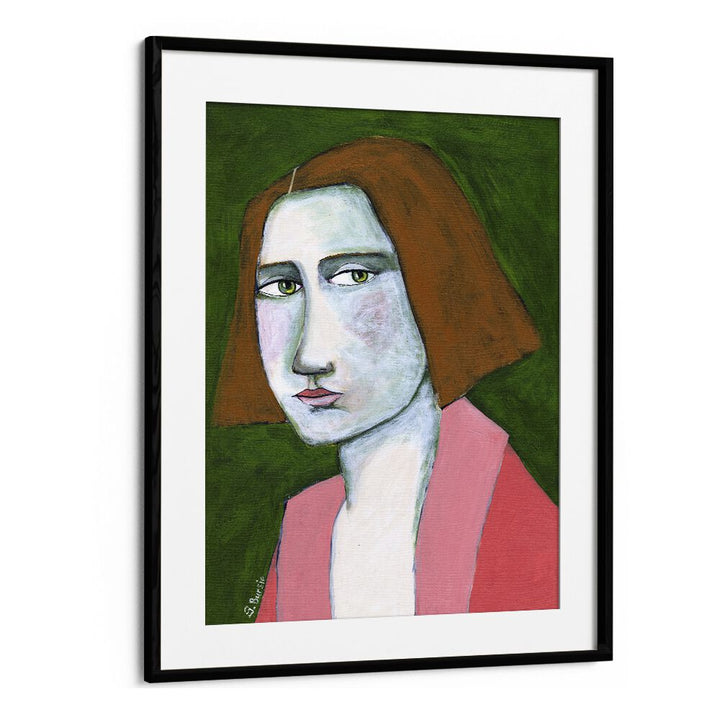 woman in pink jacket women illustration paintings in Black Frame With Mount