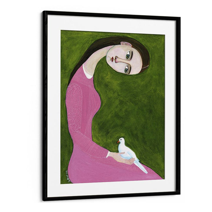 Vintage painting - GIRL WITH DOVE SITTING WITH PINK DRESS by Asianmonk