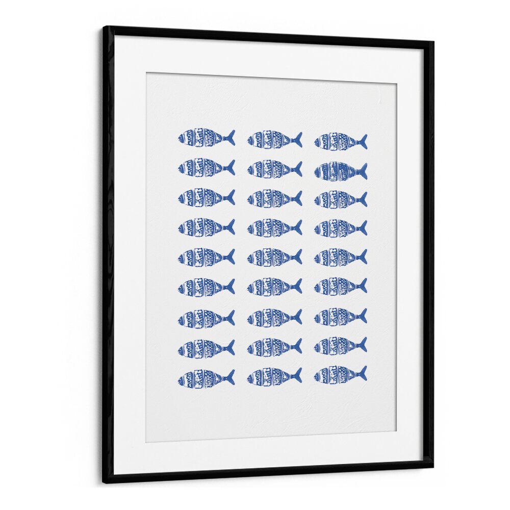 FISH ROW, BEACH PRINTS features a vibrant pattern of blue fish, perfect for coastal-themed decor by Blackmount.