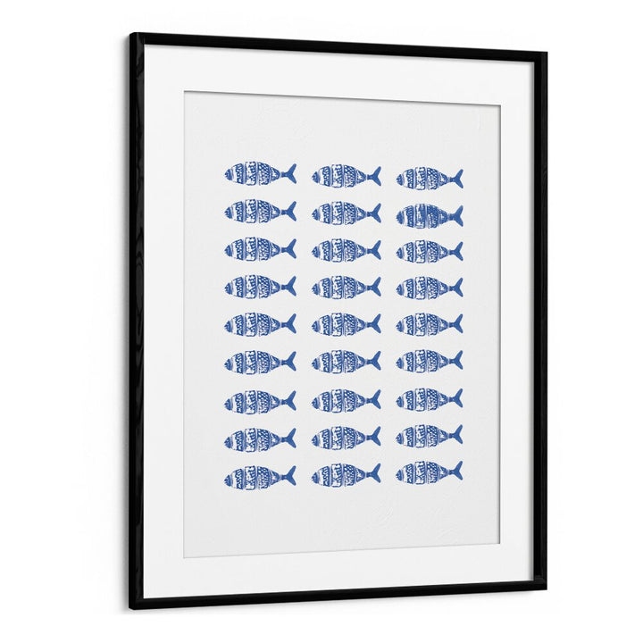 FISH ROW, BEACH PRINTS features a vibrant pattern of blue fish, perfect for coastal-themed decor by Blackmount.