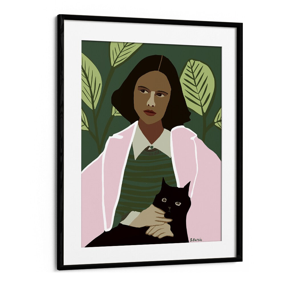 Vintage painting - PNK LADY WITH BLACK CAT by Asianmonk