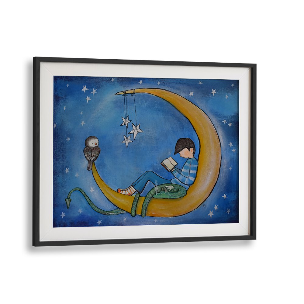 BOY READING ON MOON , KIDS ROOM PAINTINGS