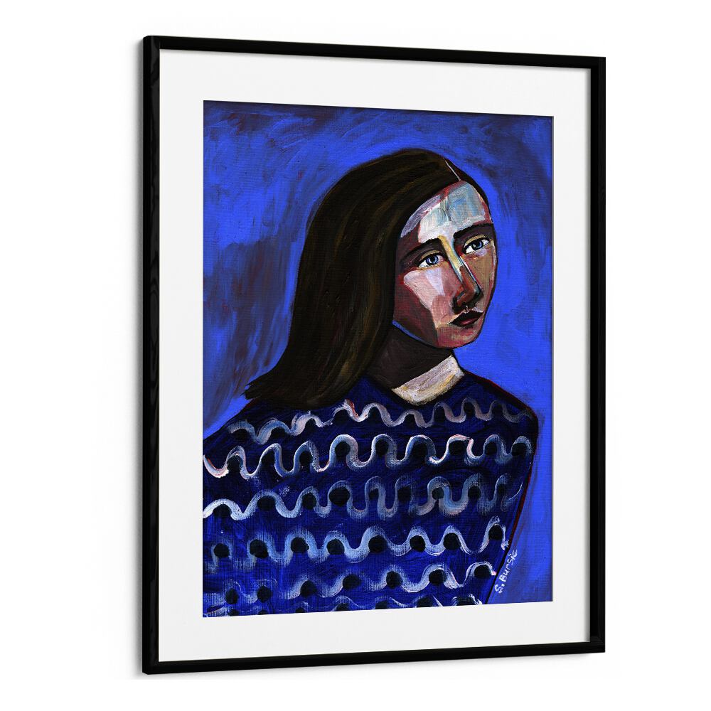 Vintage painting - WOMAN IN BLUE SWEATER NAIVE PORTRAIT FIGURATIVE II by Asianmonk