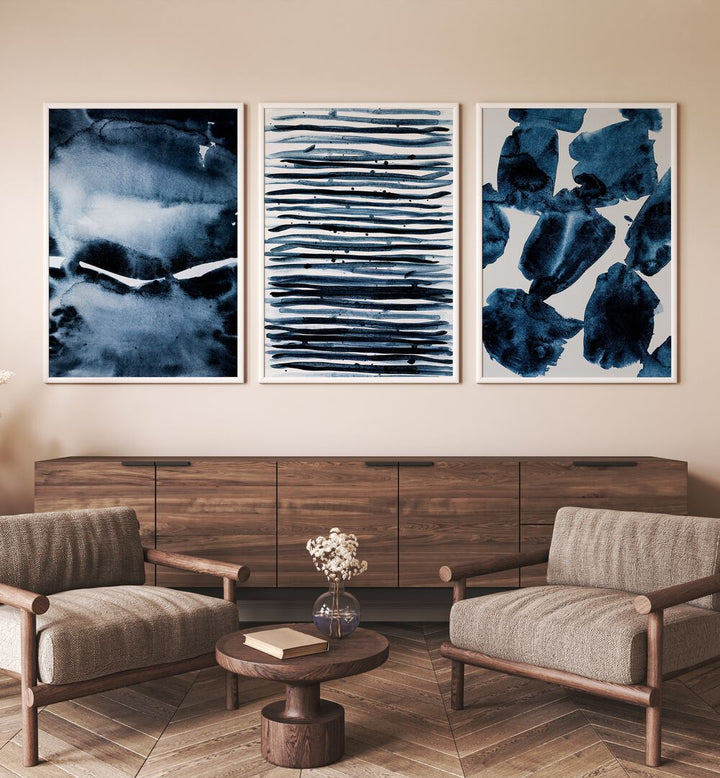 blue abstract brush strokes  set of 3  placed on a wall