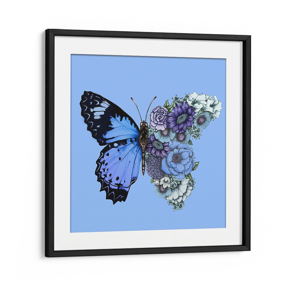 blue butterfly in bloom mural Vintage paintings in Black Frame With Mount