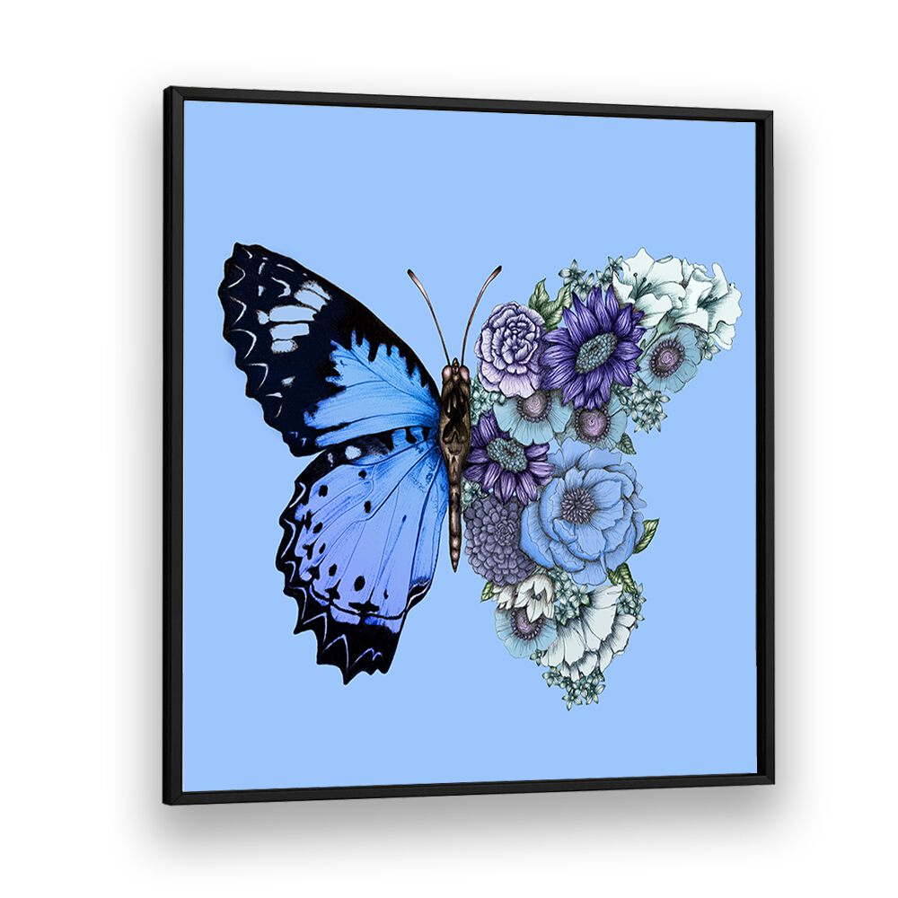 blue butterfly in bloom mural Vintage paintings in Black Plain Frame