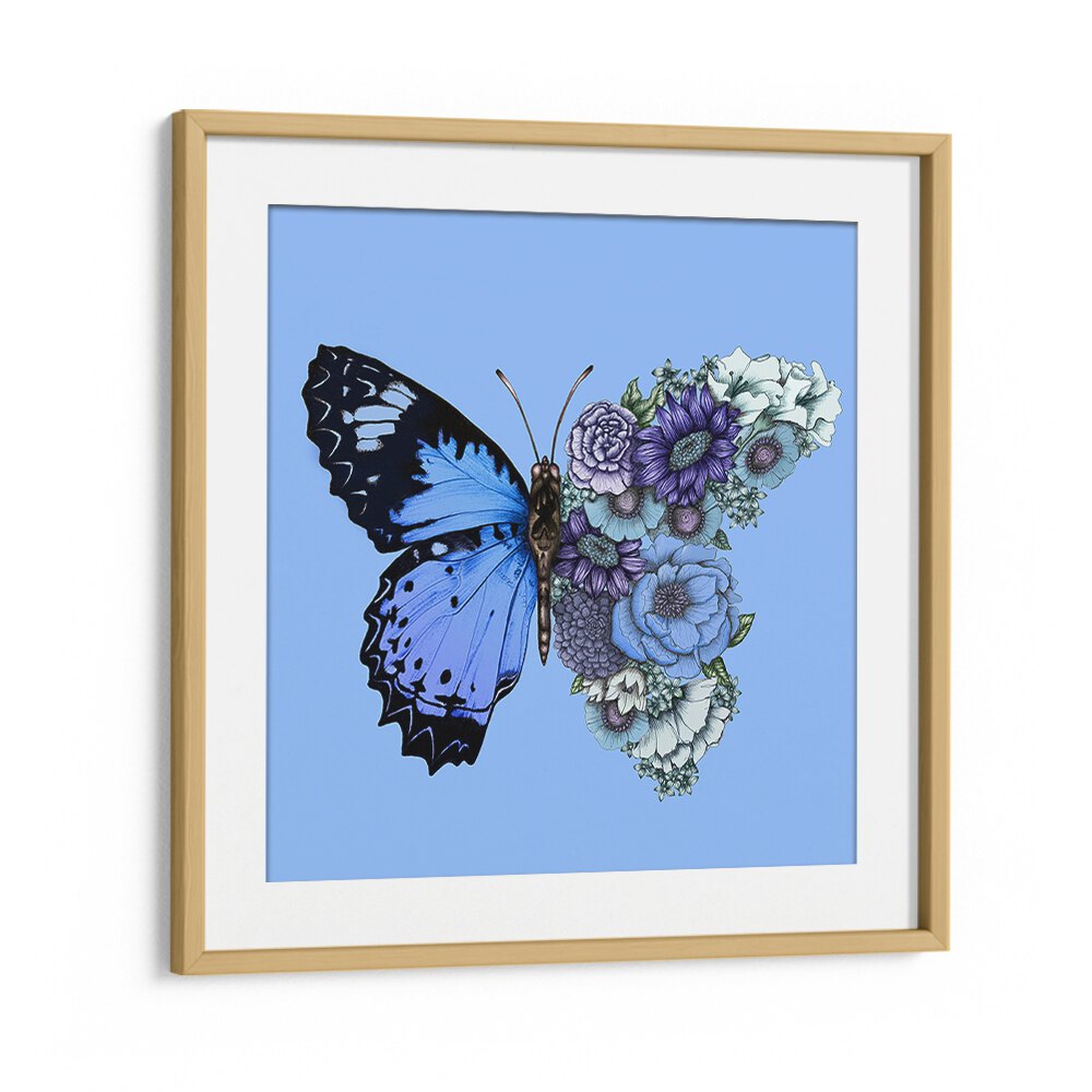 blue butterfly in bloom mural Vintage paintings in Oak Wood Frame With Mount