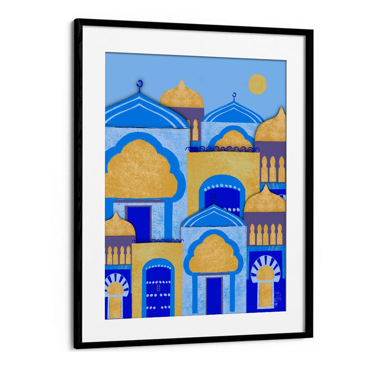 blue city morocco travel posters in Black Frame With Mount