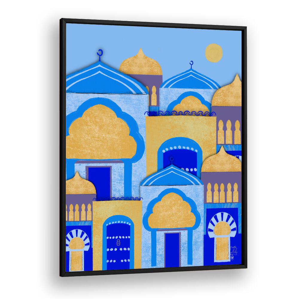 blue city morocco travel posters in Black Plain Frame