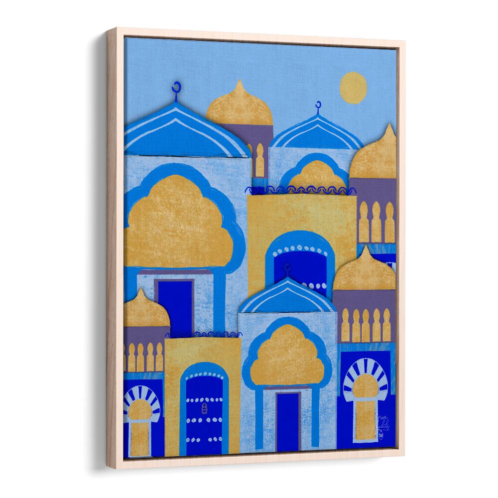 blue city morocco travel posters in Oak Wood Floater Frame