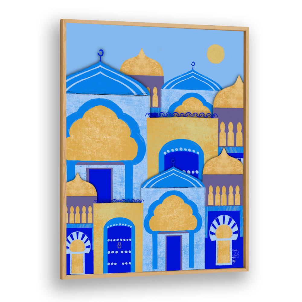 blue city morocco travel posters in Oak Wood Plain Frame