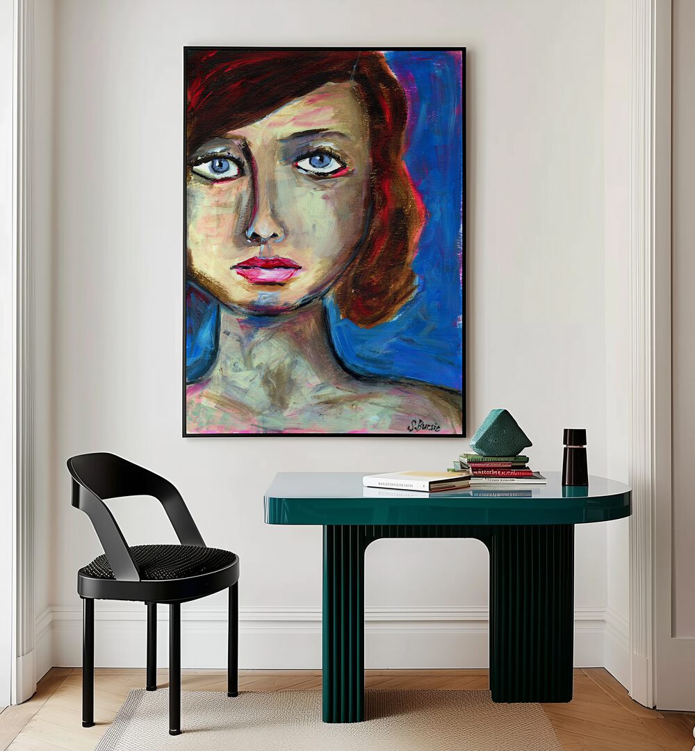 blue eyed woman closeup women illustration paintings Artwork III placed on a wall