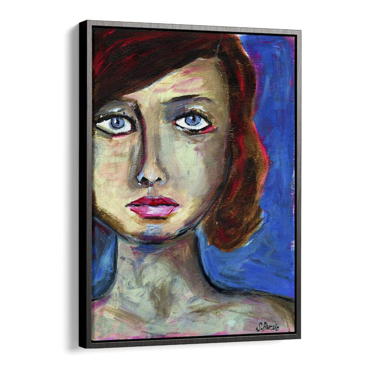 blue eyed woman closeup women illustration paintings in Black Floater Frame