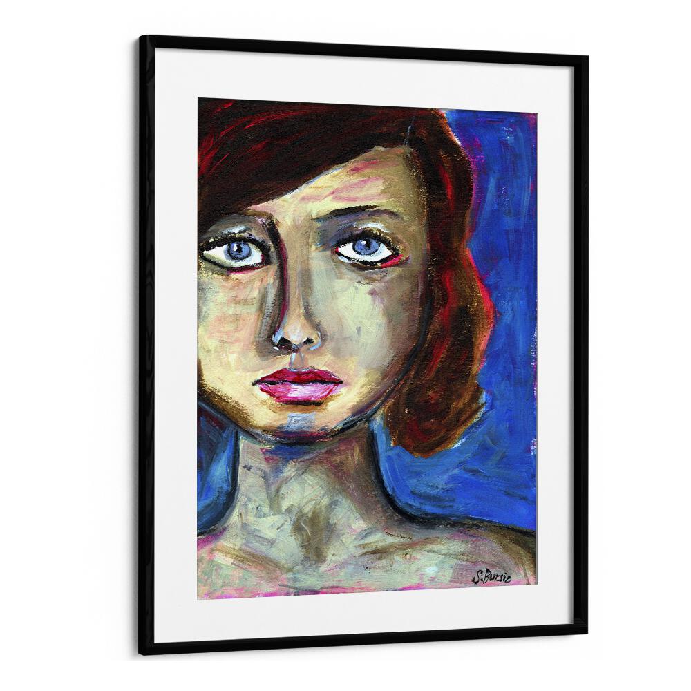 blue eyed woman closeup women illustration paintings in Black Frame With Mount