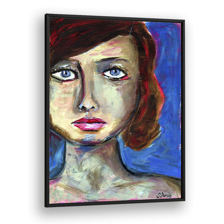 blue eyed woman closeup women illustration paintings in Black Plain Frame