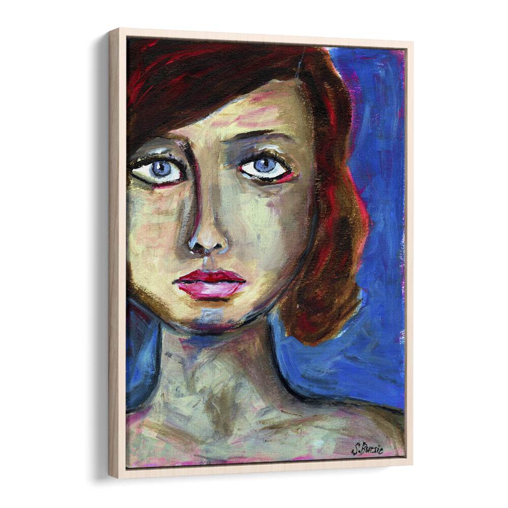 blue eyed woman closeup women illustration paintings in Oak Wood Floater Frame