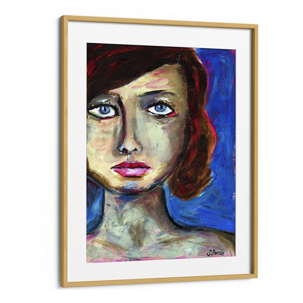 blue eyed woman closeup women illustration paintings in Oak Wood Frame With Mount