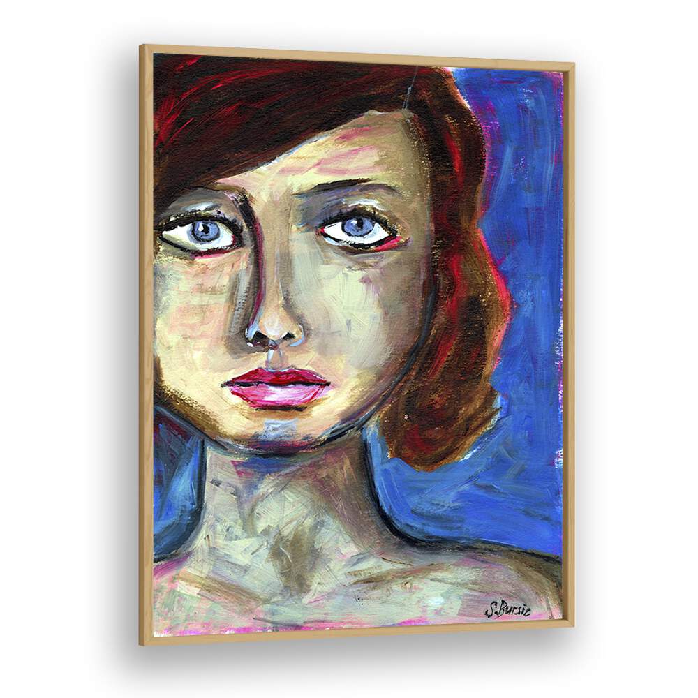 blue eyed woman closeup women illustration paintings in Oak Wood Plain Frame