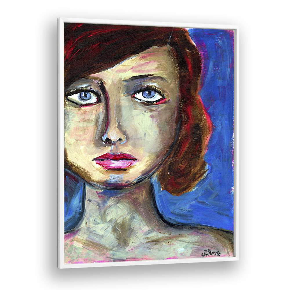 blue eyed woman closeup women illustration paintings in White Plain Frame