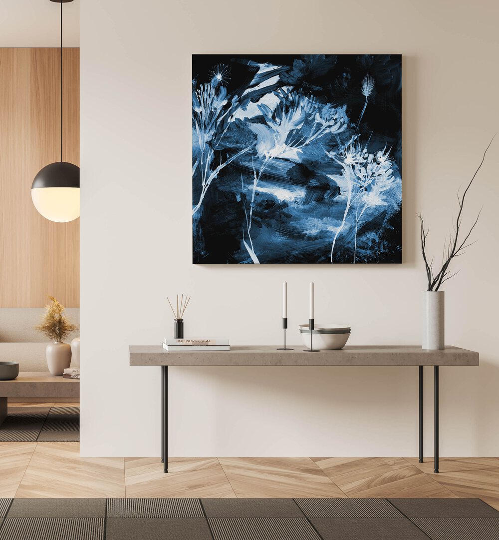 blue floral by dan hobday abstract art abstract paintings Artwork III placed on a wall