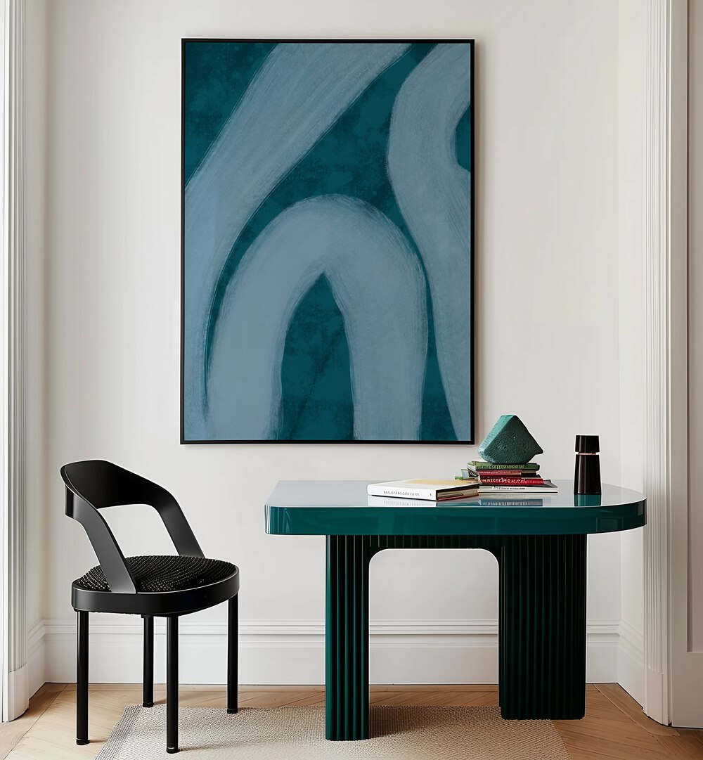 blue lines by yopie studio abstract art placed on a wall