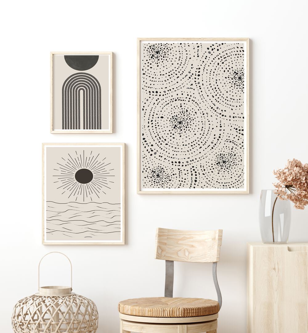 boho patterns set of 3  placed on a wall 