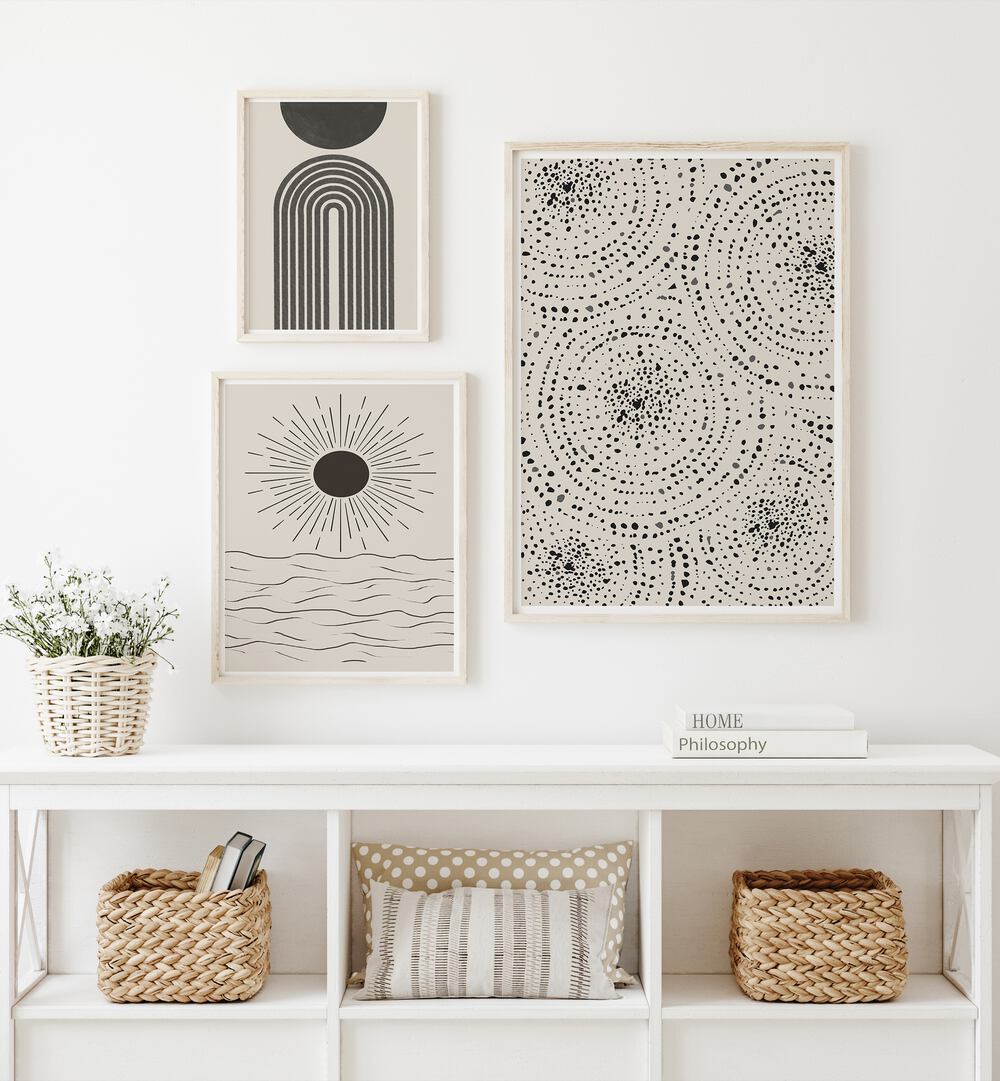 boho patterns set of 3  placed on a wall 