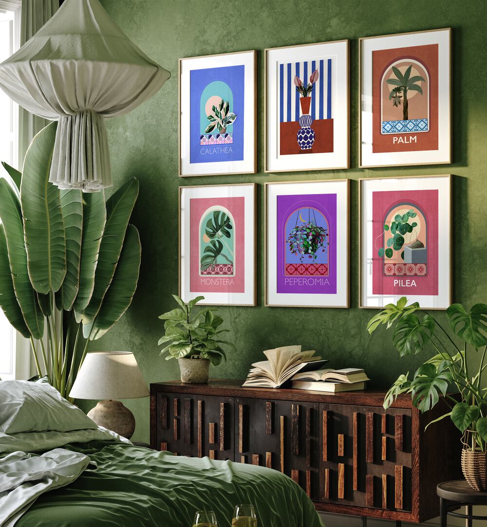 botanical greens gallery wall set of 6  placed on a wall