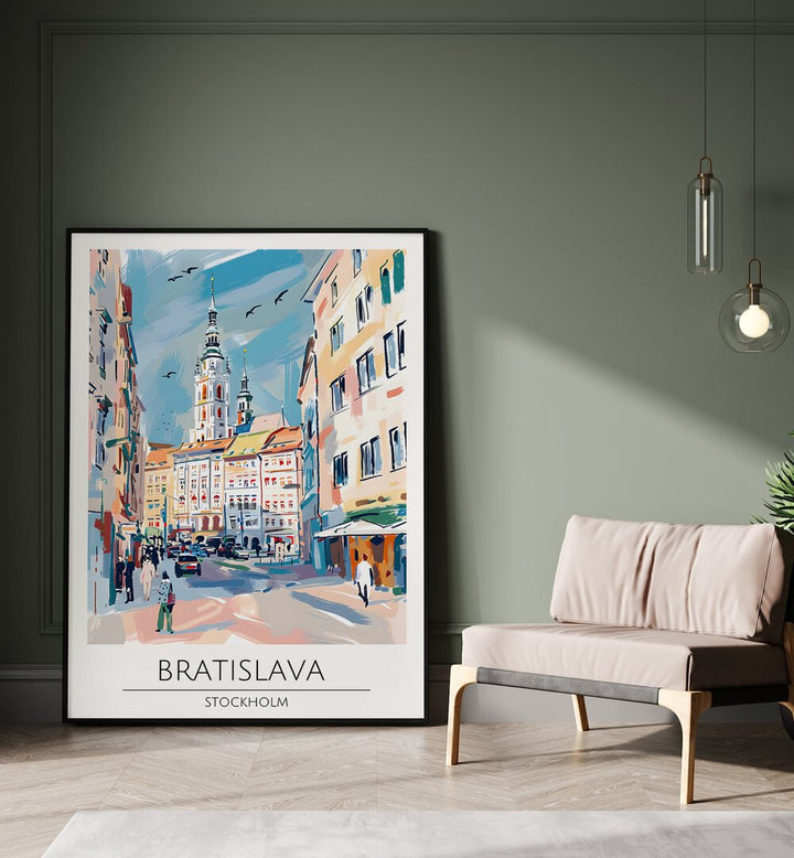 bratislava-stockholm travel posters Artwork II placed on a Wall