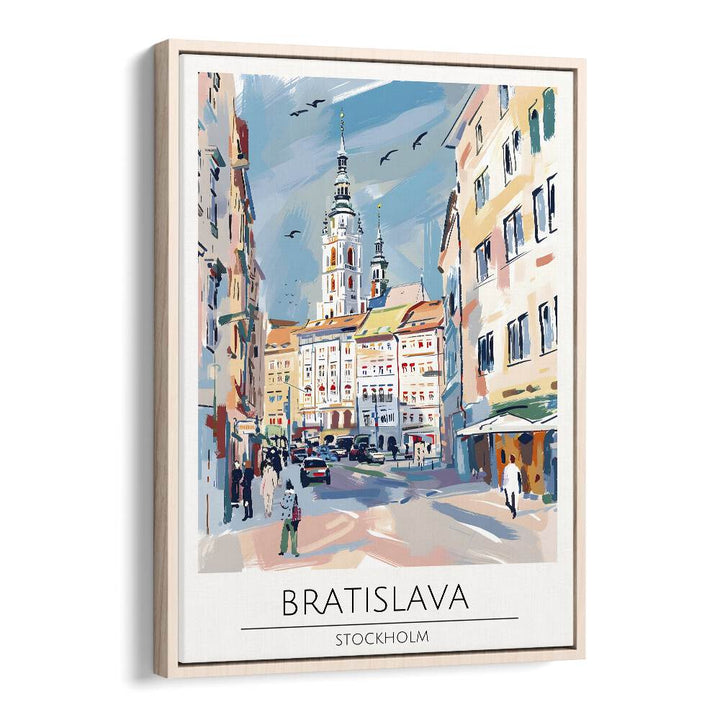 bratislava-stockholm travel posters in Oak Wood Floater Frame