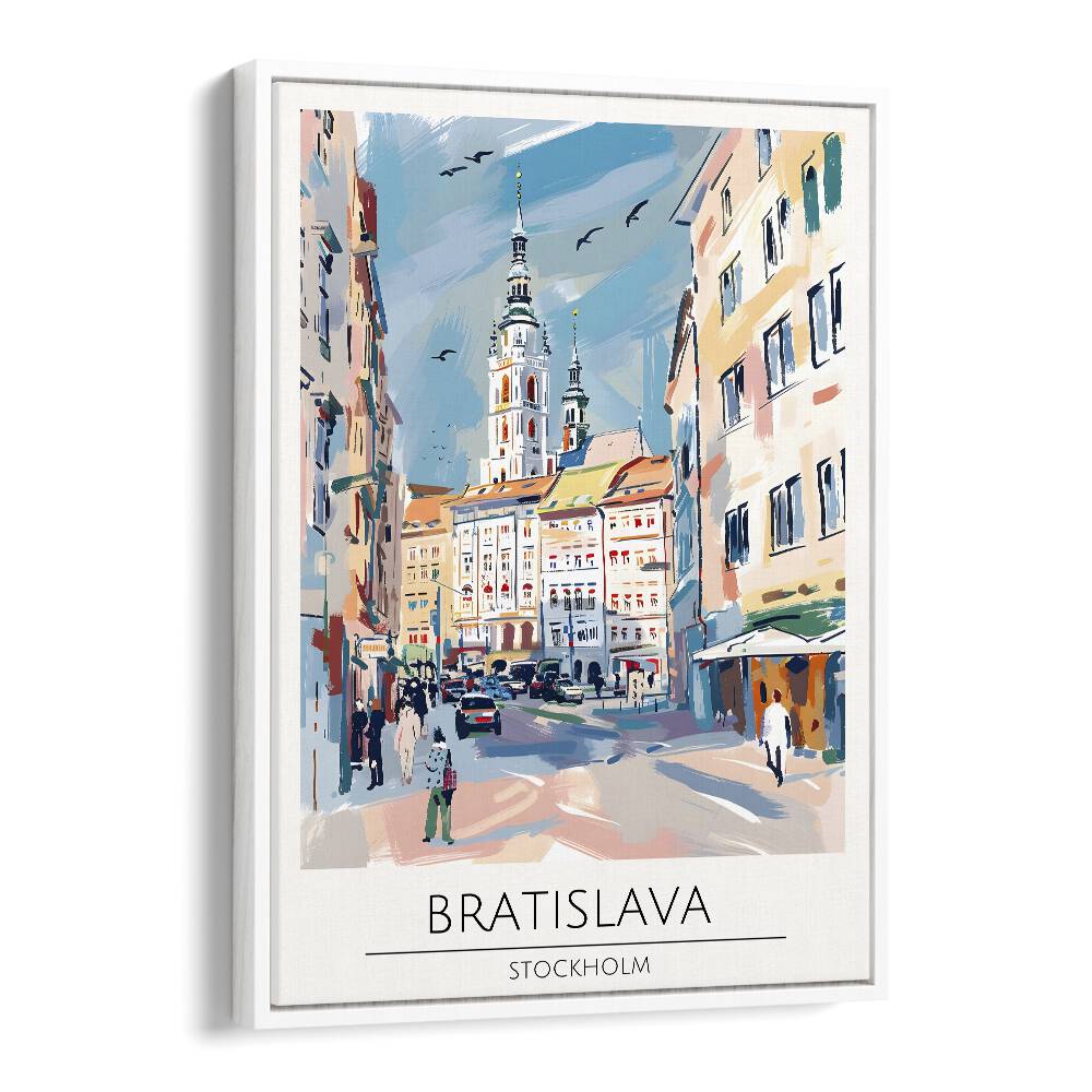 bratislava-stockholm travel posters in White Floater Frame