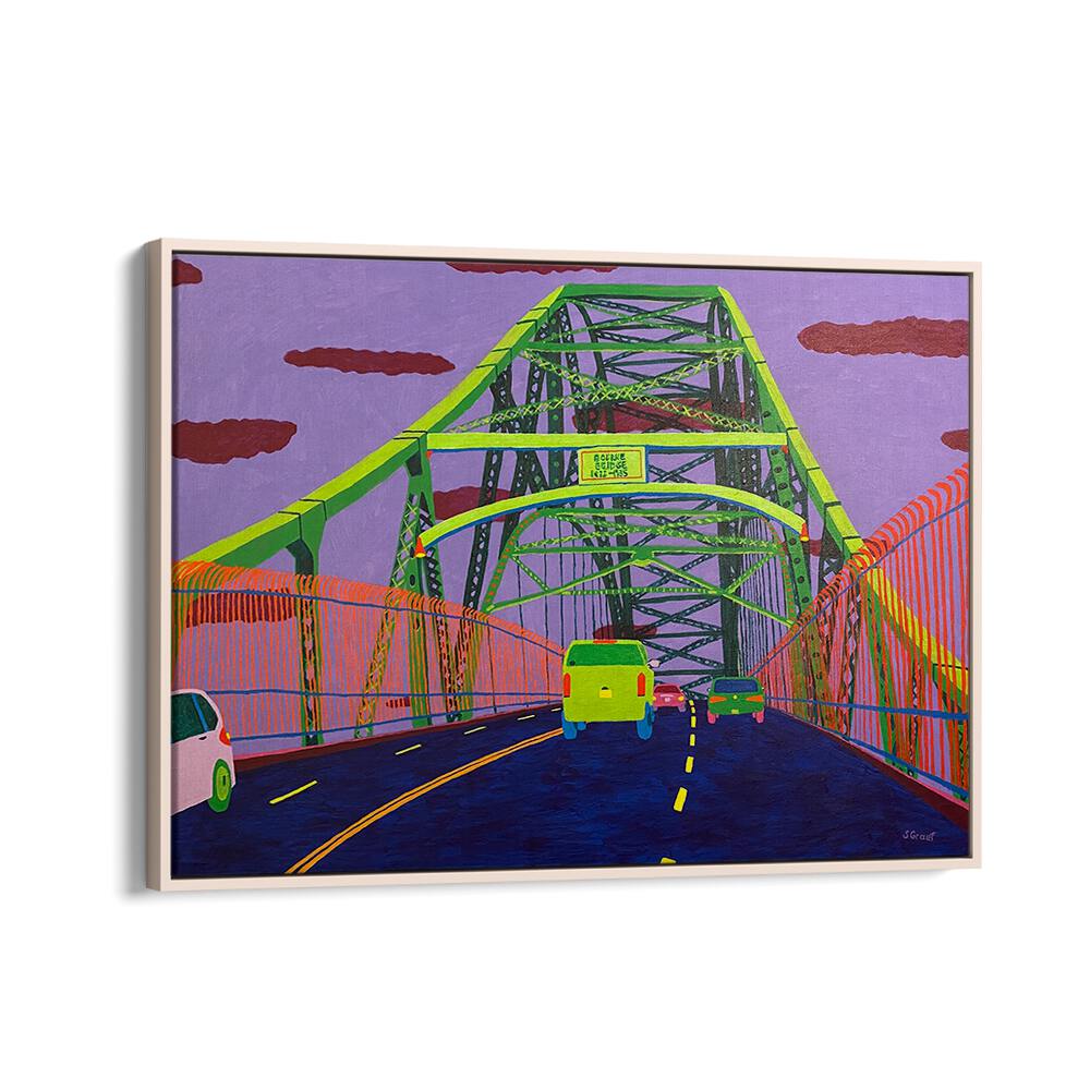 bridge to cape cod landscape art prints in Oak Wood Floater Frame