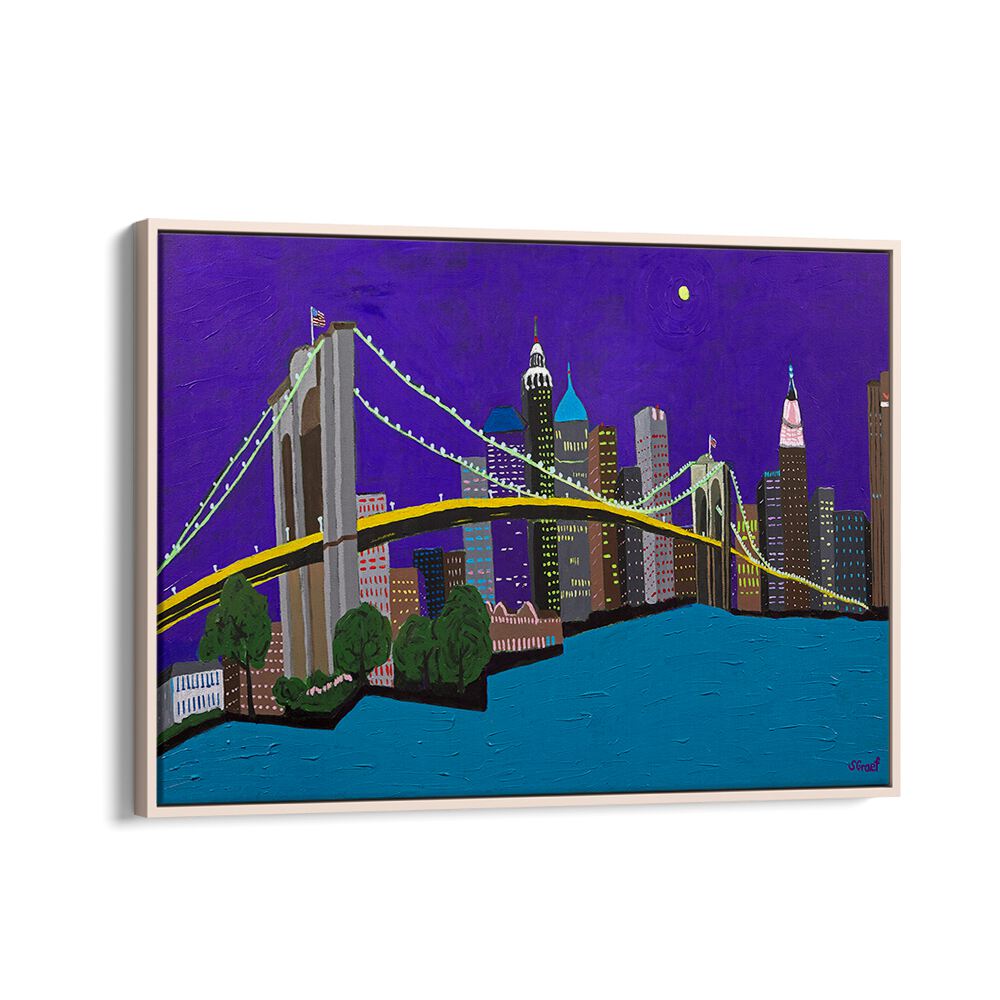 brooklyn bridge landscape art prints in Oak Wood Floater Frame