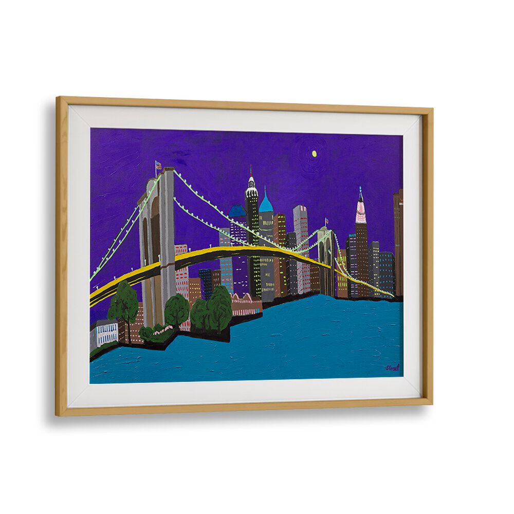 brooklyn bridge landscape art prints in Oak Wood Frame With Mount