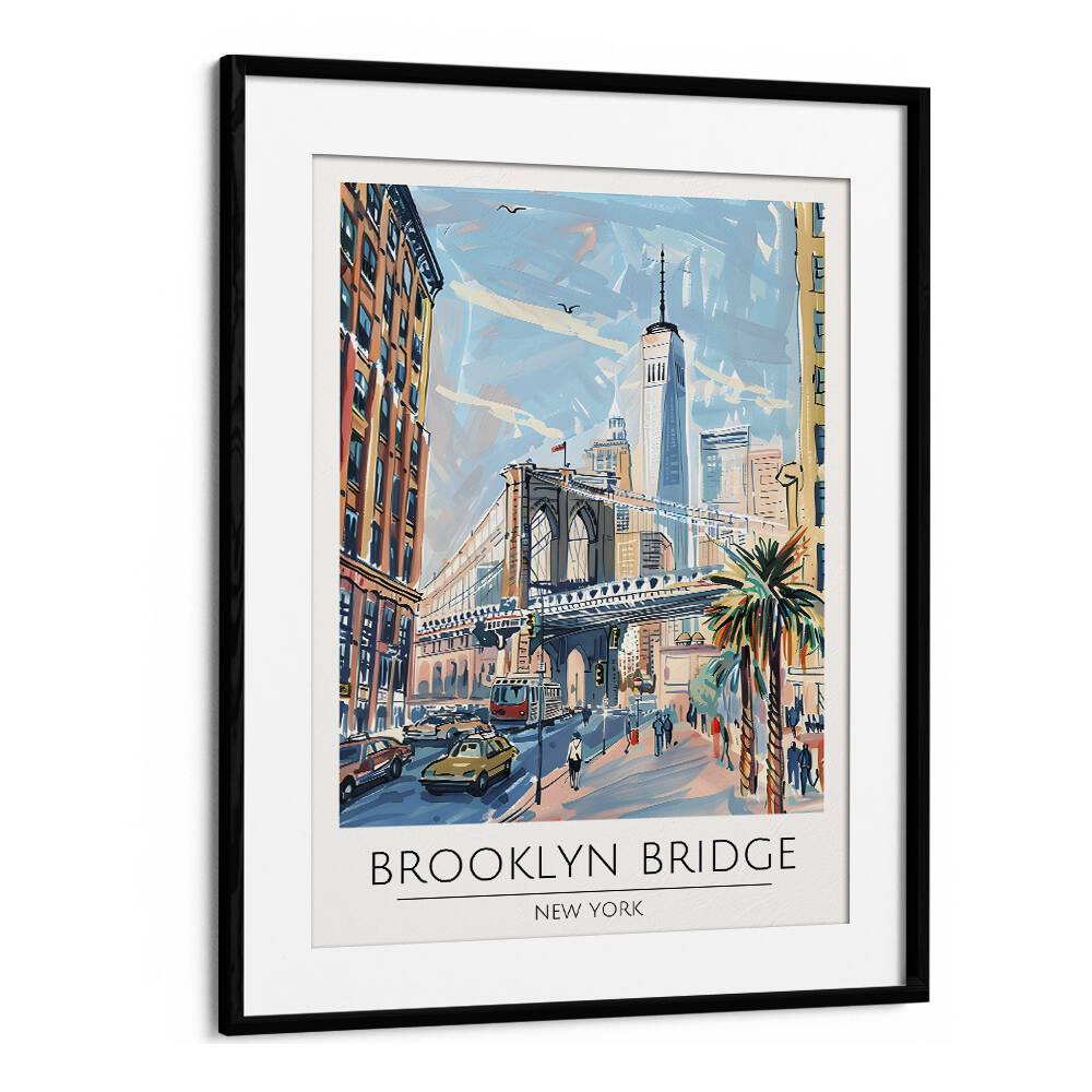 brooklyn bridge-new york travel posters in Black Frame With Mount