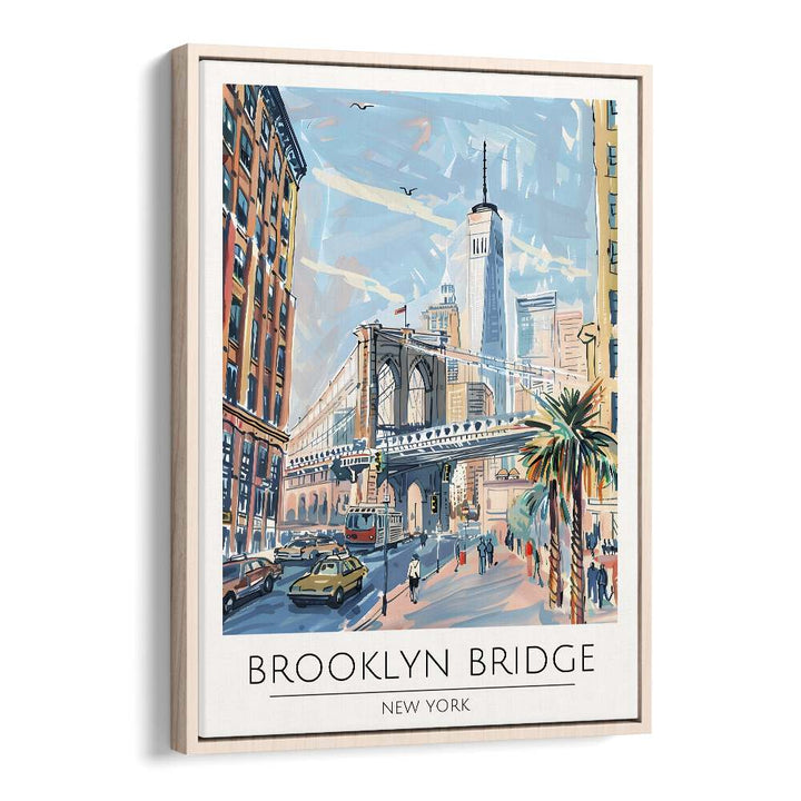 brooklyn bridge-new york travel posters in Oak Wood Floater Frame