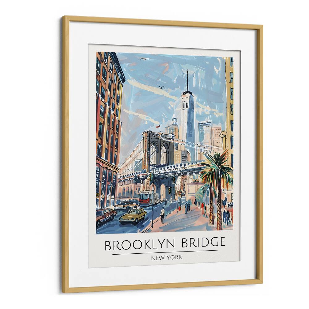 brooklyn bridge-new york travel posters in Oak Wood Frame With Mount