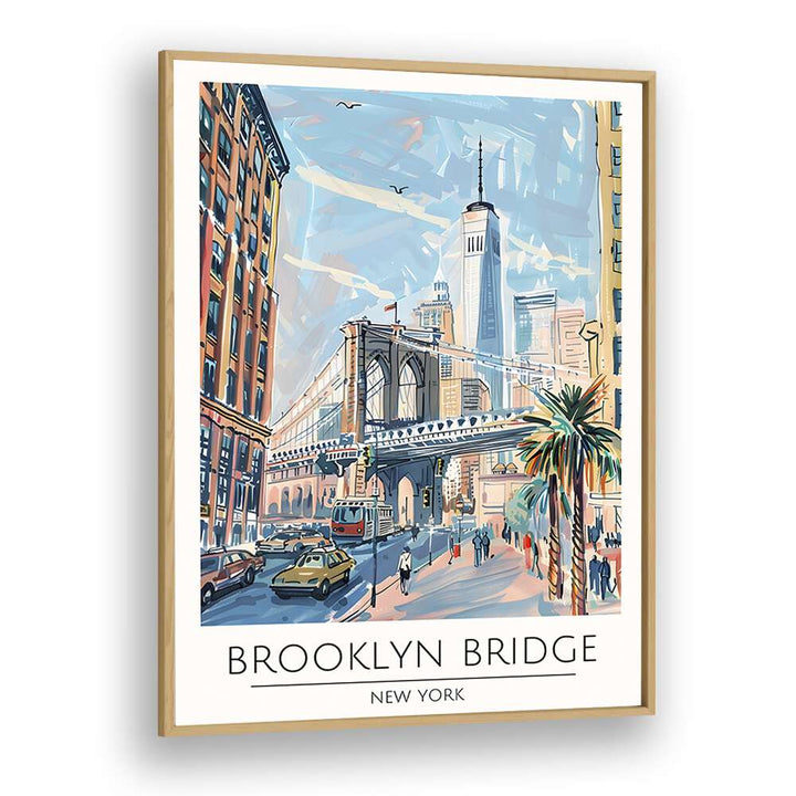 brooklyn bridge-new york travel posters in Oak Wood Plain Frame