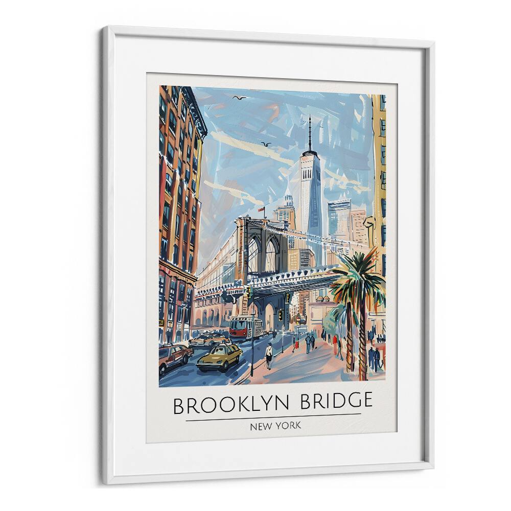 brooklyn bridge-new york travel posters in White Frame With Mount