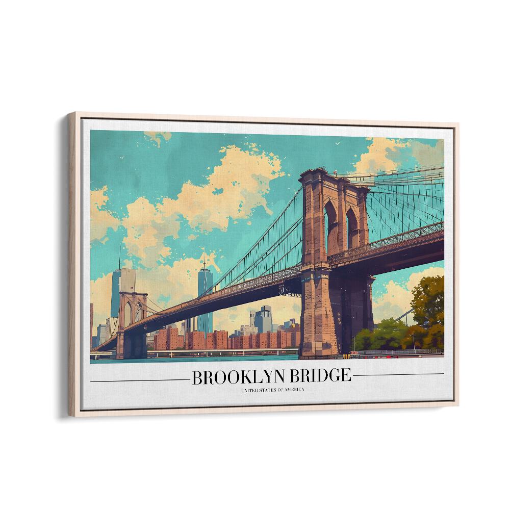 brooklyn bridge travel posters in Oak Wood Floater Frame