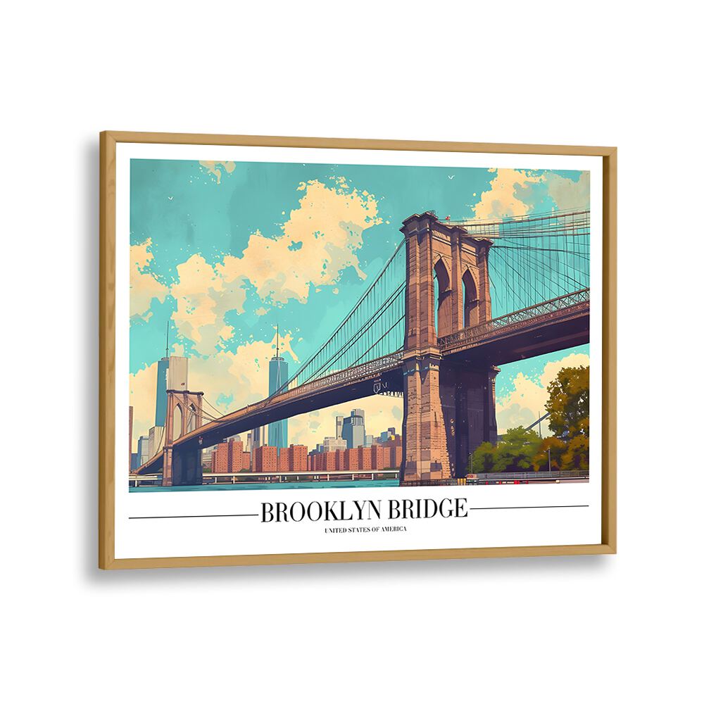 brooklyn bridge travel posters in Oak Wood Plain Frame