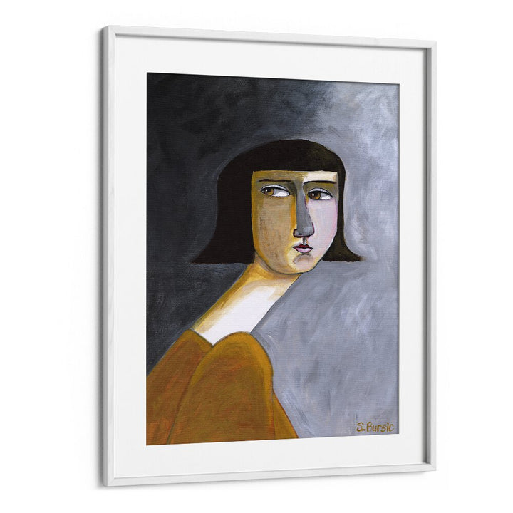 BROWNS EYES, PORTRAITS by Sharyn Bursic showcases vibrant women illustrations in a stylish white frame.