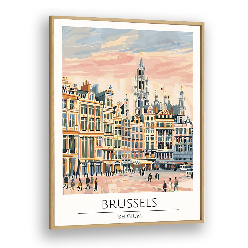 brussels-belgium travel posters in Oak Wood Plain Frame