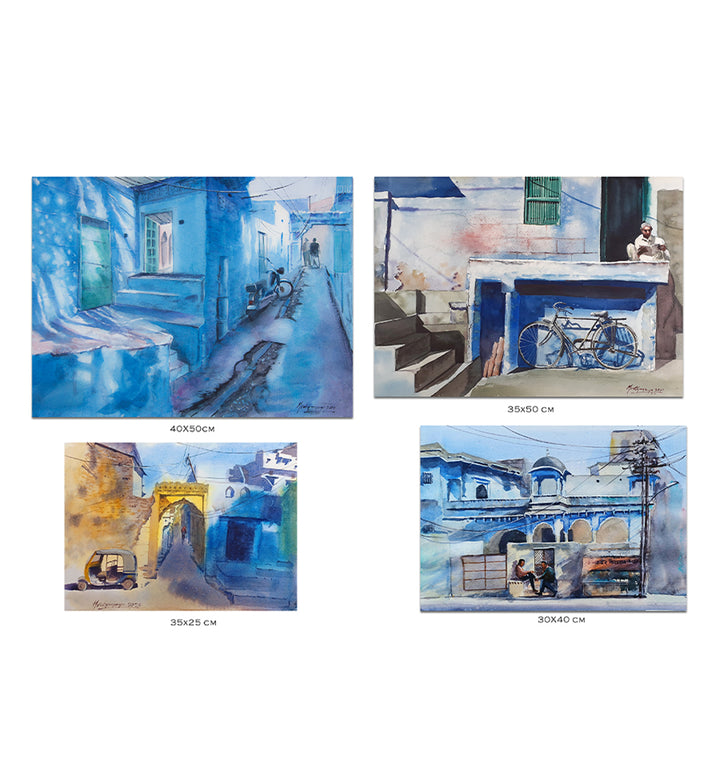 BUNDI BLUES ,HANDMADE ARTWORKS ,  SET OF 4 PAINTINGS