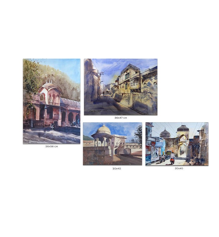 ENCHANTING BUNDI  ,HANDMADE ARTWORKS ,  SET OF 4 PAINTINGS